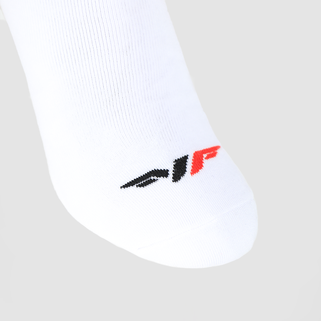 close up view for socks white with logo tow color black  and red 