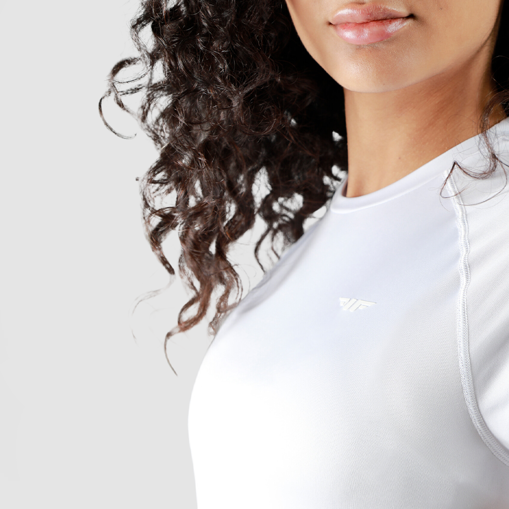 close up view for woman  wearing t-shirt  white with logo 