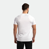 a back view for fit man wearing t-shirt white with pants black 