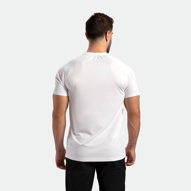 a back view for fit man wearing t-shirt white with pants black 