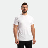 a fit man wearing t-shirt white with logo and pants black 