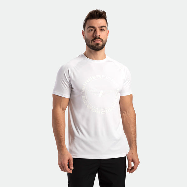a fit man wearing t-shirt white with logo and pants black 