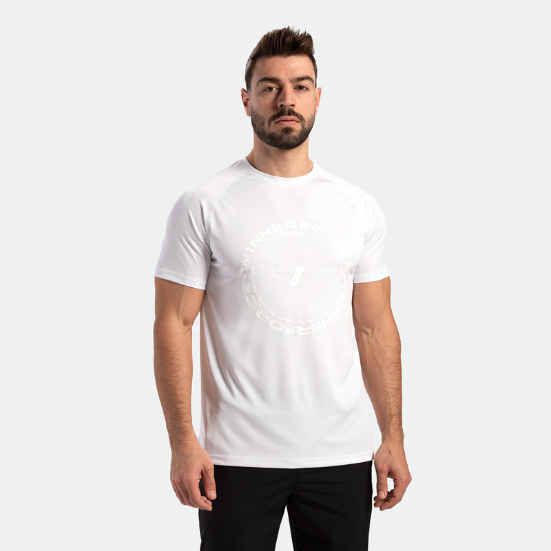 a fit man wearing t-shirt white with logo and pants black 