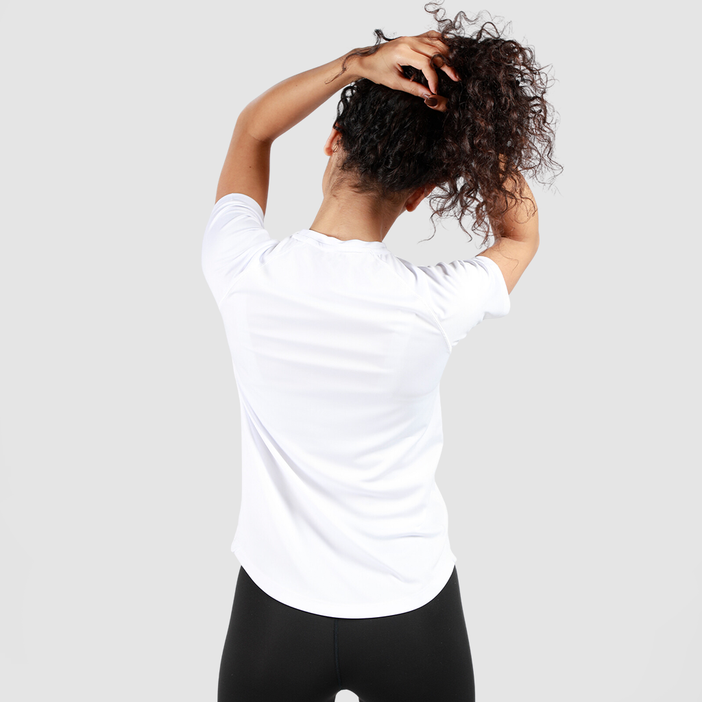 a back view for fit woman wearing t-shirt white with legging black 