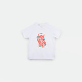 White short-sleeved t-shirt with a colorful graphic of a red and pink floral design in the center, accented with green leaves.