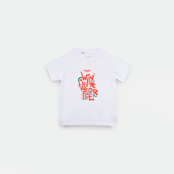 White short-sleeved t-shirt with a colorful graphic of a red and pink floral design in the center, accented with green leaves.