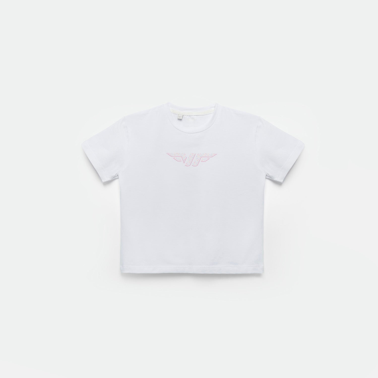 a t-shirt white  with bag logo ,plus the background is light grey 