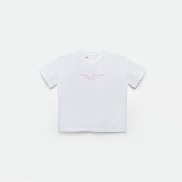 a t-shirt white  with bag logo ,plus the background is light grey 
