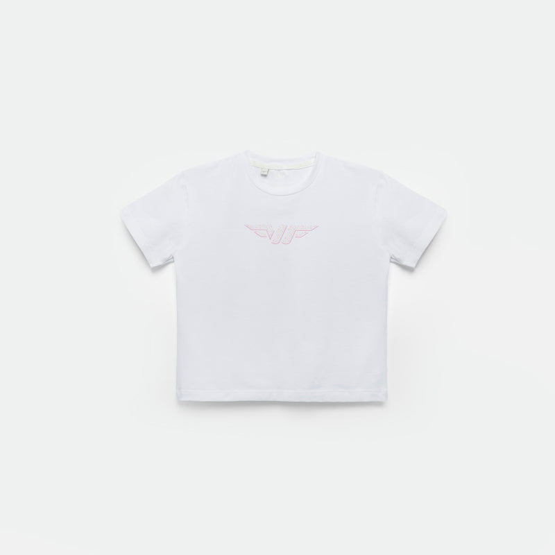 a t-shirt white  with bag logo ,plus the background is light grey 