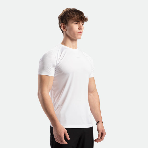 a fit man wearing t-shirt  white  with short black 