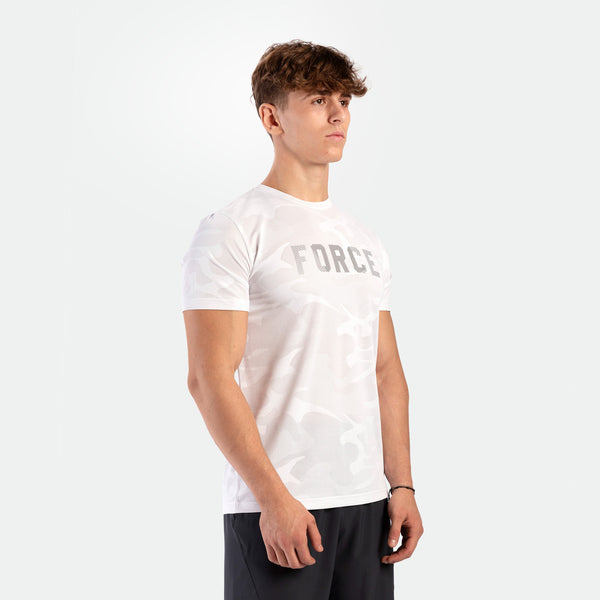 Person wearing a white t-shirt with 'FORCE'  logo 