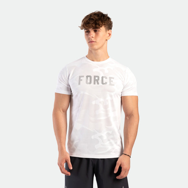 Person wearing a white 'FORCE' t-shirt on a light gray background