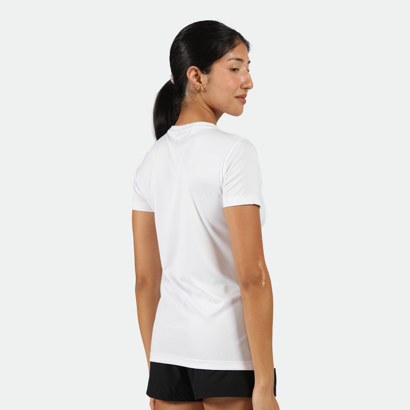 a back view for fit woman wearing white t-shirt with black short 