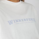 close up view for fit woman wearing t-shirt white with logo