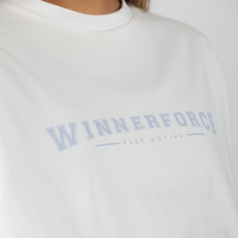 close up view for fit woman wearing t-shirt white with logo