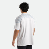 a back view for fit man wearing t-shirt white with pants 