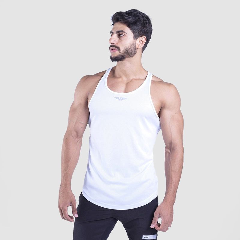 a fit man wearing tank white with logo in half and short black 