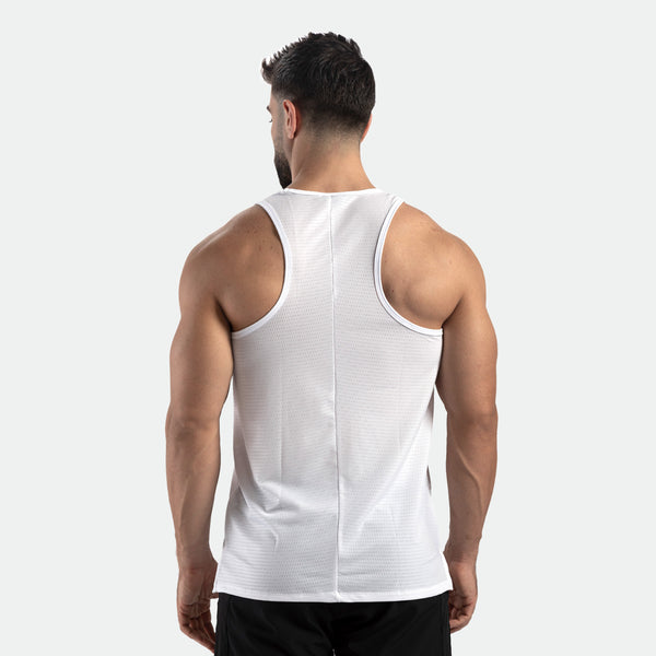 a back view for fit man wearing tank white 