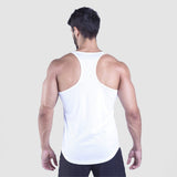 a back view for fit man wearing tank white with short black 
