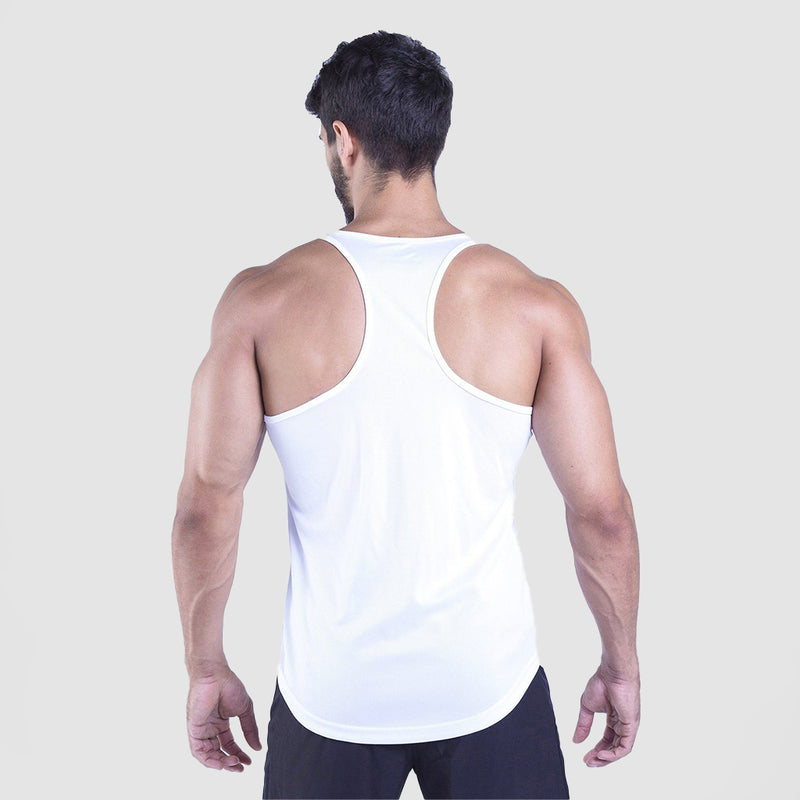 a back view for fit man wearing tank white with short black 