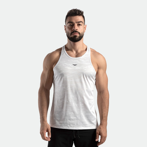 a fit man wearing  camo tank white with logo and pants black 