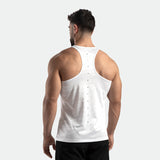 a back view for fit man wearing  camo tank white with logo and pants black 