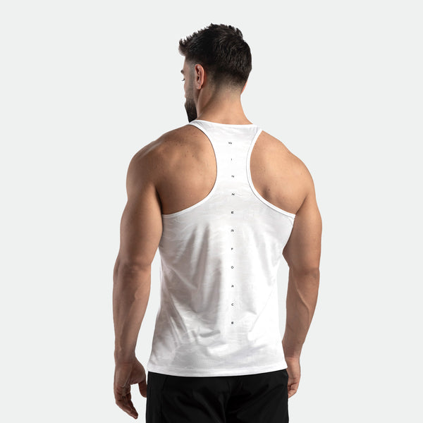 a back view for fit man wearing  camo tank white with logo and pants black 