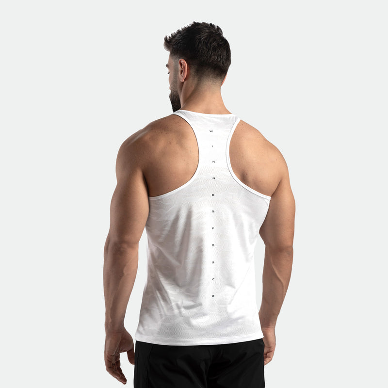 a back view for fit man wearing  camo tank white with logo and pants black 