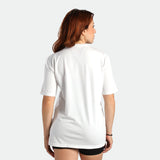 a back view for fit woman wearing t-shirt white with short black 