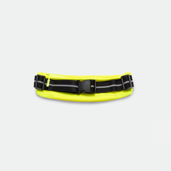 A neon yellow fanny pack with a black buckle and reflective stripes lies against a plain white background, offering a sporty and practical appearance.