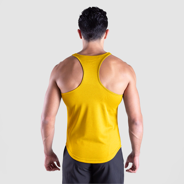 a back view for fit man wearing tank yellow with short black 
