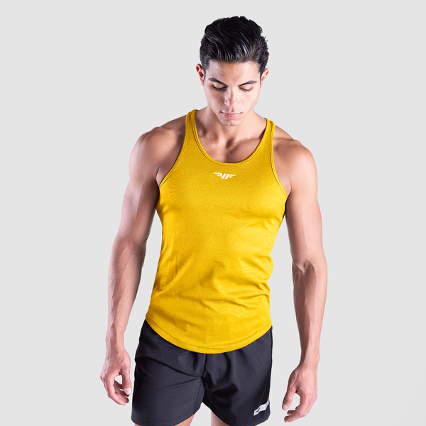 a fit man wearing tank GOLDEN-YELLOW with short black 