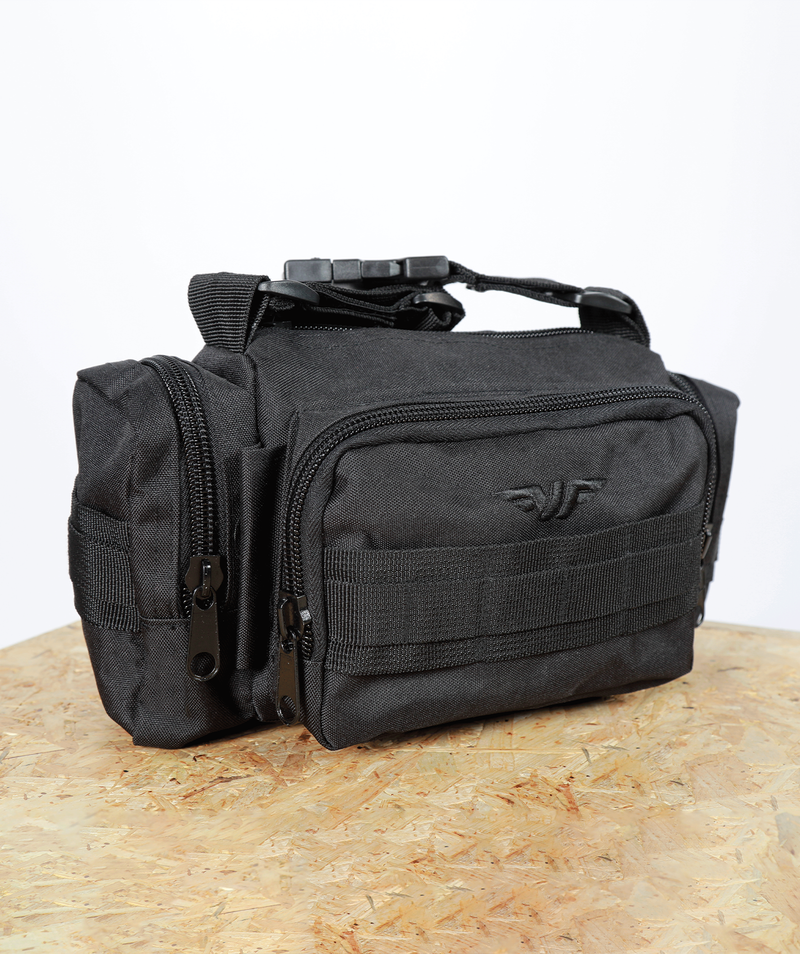 close up view  for black duffel bag with multiple zippered compartments and an adjustable shoulder strap