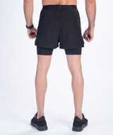 a back view for fit man wearing short 2 in 1  black with shoes black 