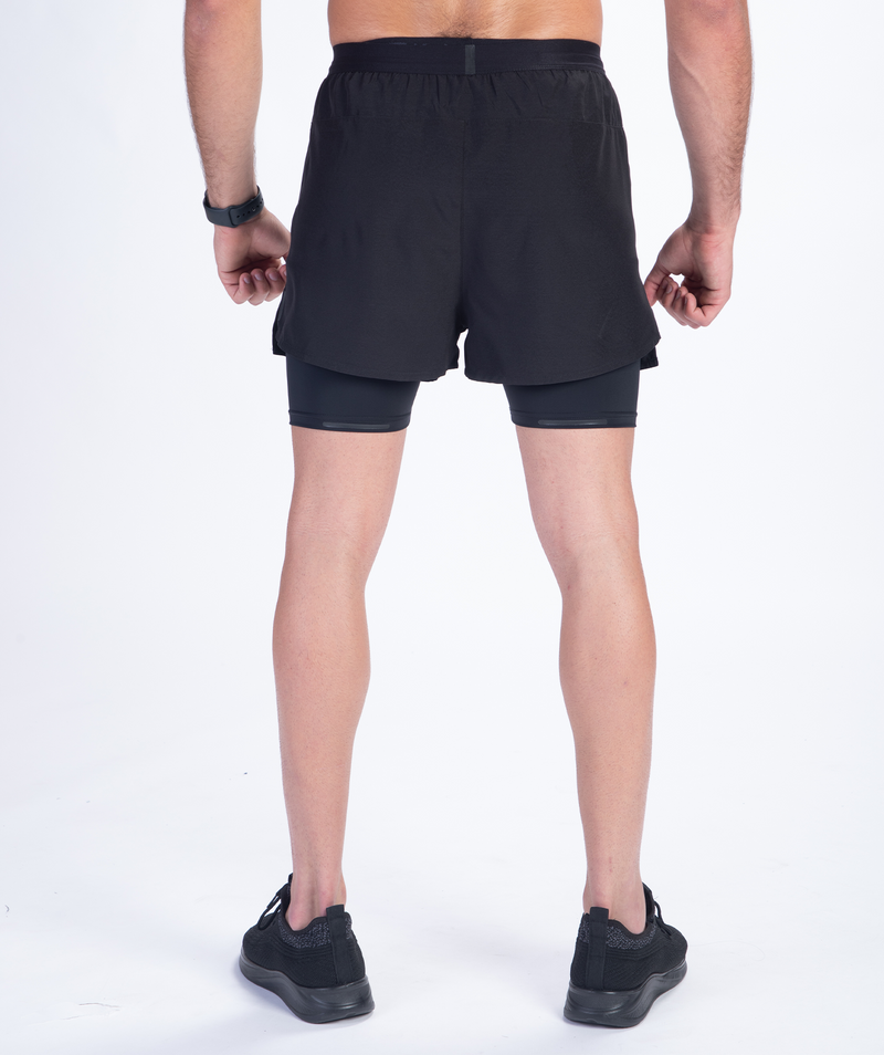 a back view for fit man wearing short 2 in 1  black with shoes black 