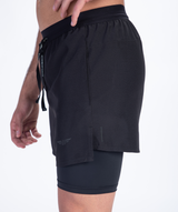 a fit man wearing short 2 in 1 black with logo 