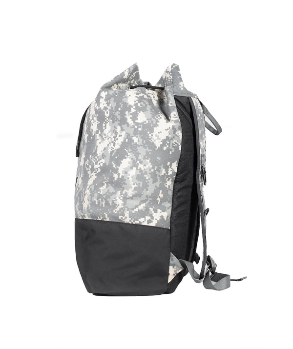 A drawstring bag with a gray digital camouflage pattern on the upper section and solid black fabric on the lower section ,the sides of backpack 